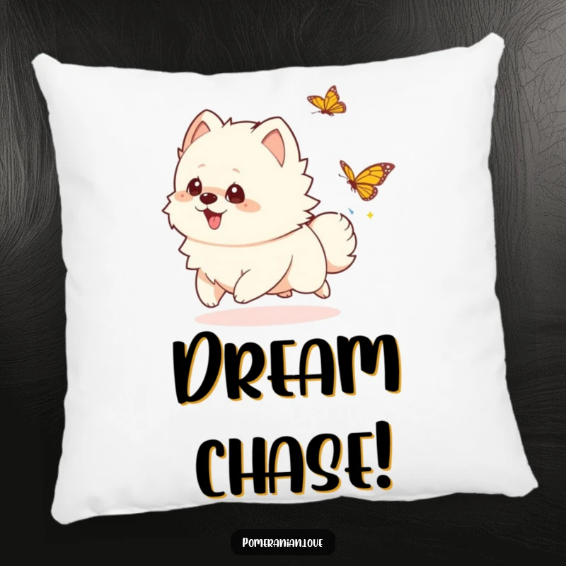 Funny playful Pomeranian pillow, a soft cushion depicting a dog chasing a butterfly, great funny gift.