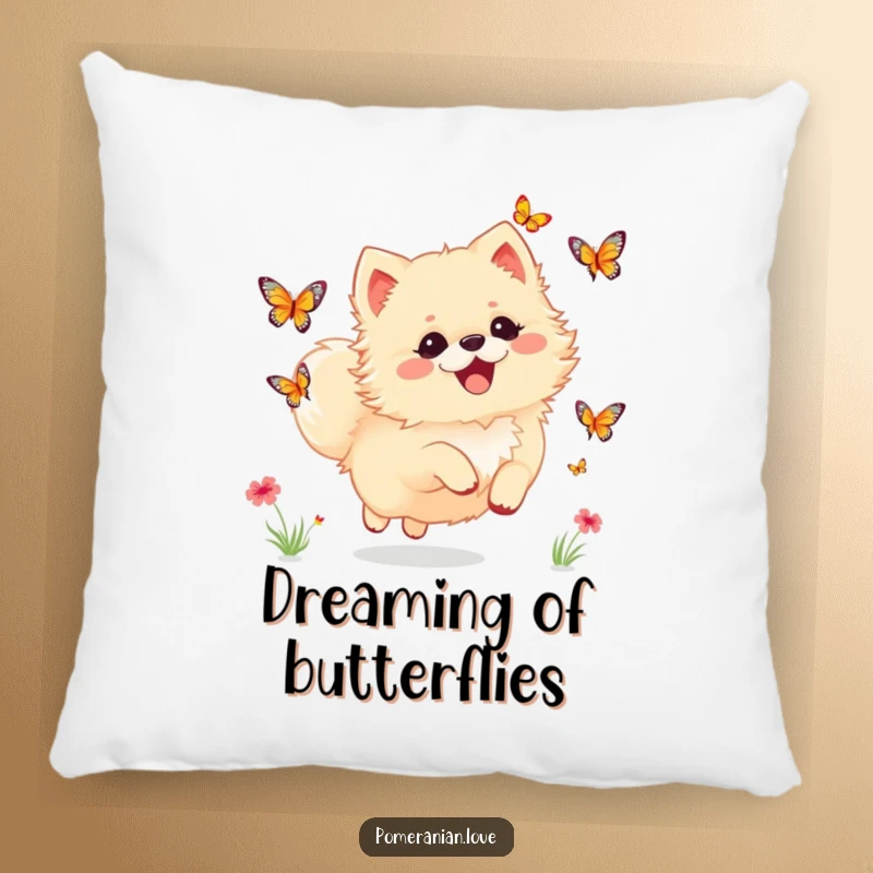 Funny Pomeranian pillow showcasing a dog joyfully chasing butterflies, adding comfort and whimsical delight.