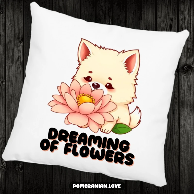 Funny pillow featuring a curious Pomeranian with perked ears sniffing a giant flower, offering comfort and charm.