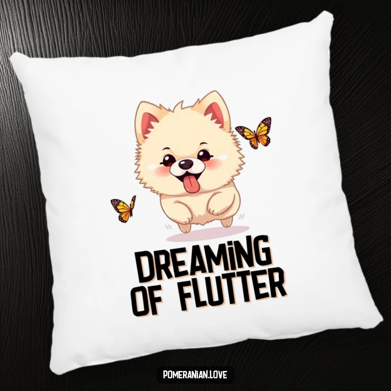 Funny Pomeranian pillow, a silly dog with tongue out, chasing a butterfly, adding playful comfort and humor.