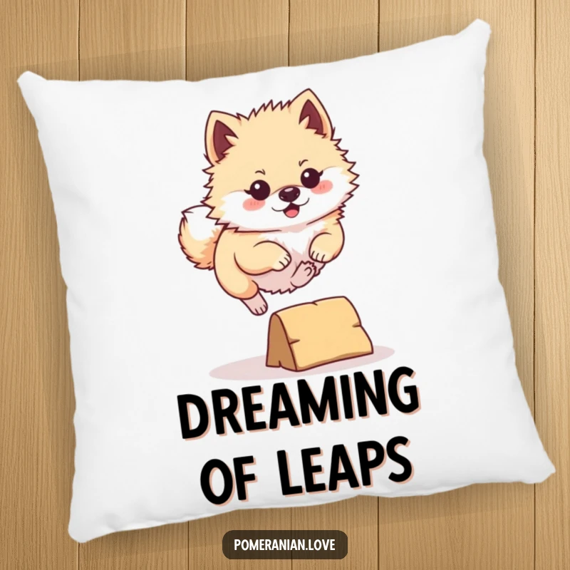 Funny Pomeranian Pillow: A plush pillow depicting a determined Pomeranian leaping over a tiny obstacle, offering comfort and canine energy.