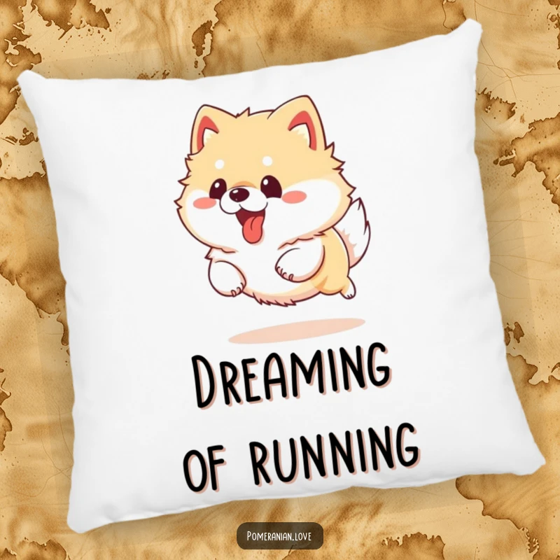 Funny Pomeranian dog running with its tongue out, designed as a soft, decorative pillow for humorous comfort.