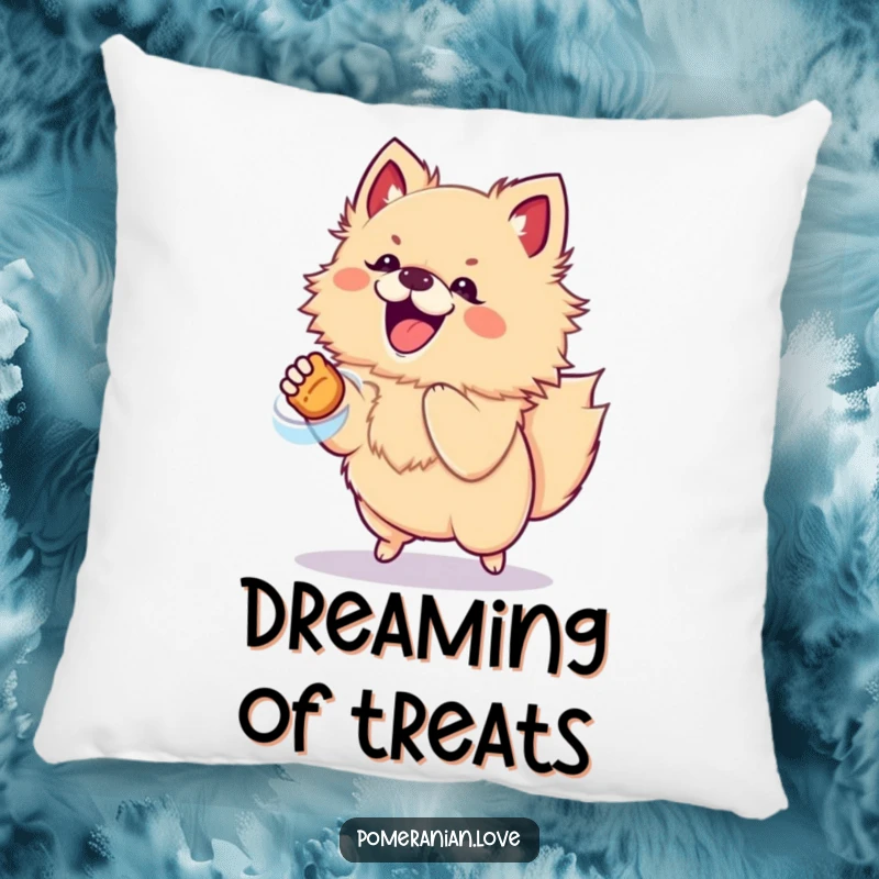 Funny pillow with an excited Pomeranian dog jumping for a treat, perfect for cozy, energetic decor.