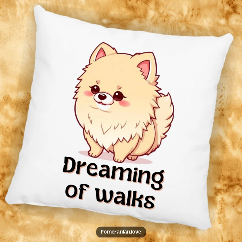 Funny decorative pillow featuring a proud, fluffy Pomeranian dog wagging its tail joyfully, bringing warmth and happiness.