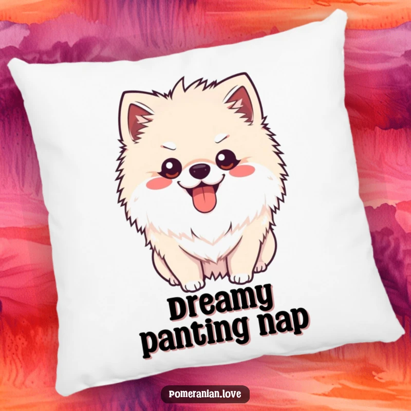 Funny Pomeranian happy pant pillow, showing a cheerful dog with tongue out, panting contentedly, a cozy and humorous accent.