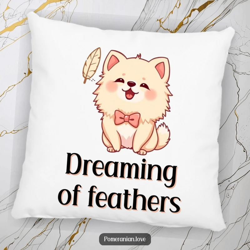 Funny Bowed Pomeranian Pillow: A soft cushion featuring a Pomeranian with a bow cheerfully barking at a floating feather, perfect for cozying up.