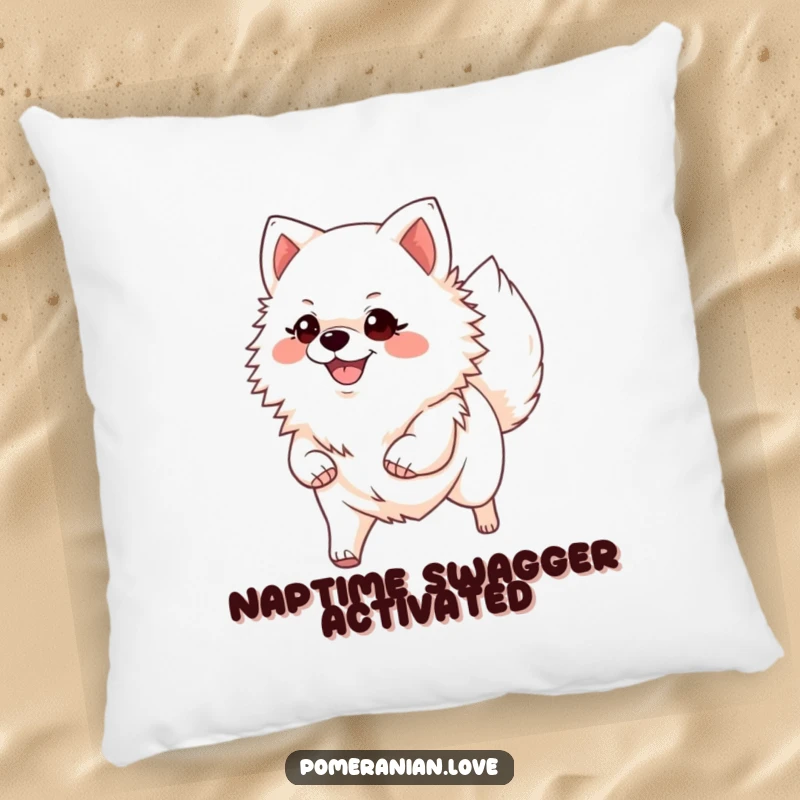 Funny Pomeranian pillow, showing a happy dog with its tail held high, confidently trotting forward with a cheerful and proud expression.
