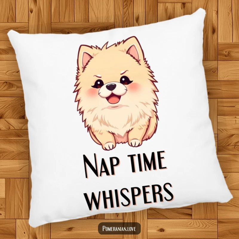 Funny pillow with a joyful Pomeranian, ears perked, listening intently, soft and humorous, a gift.