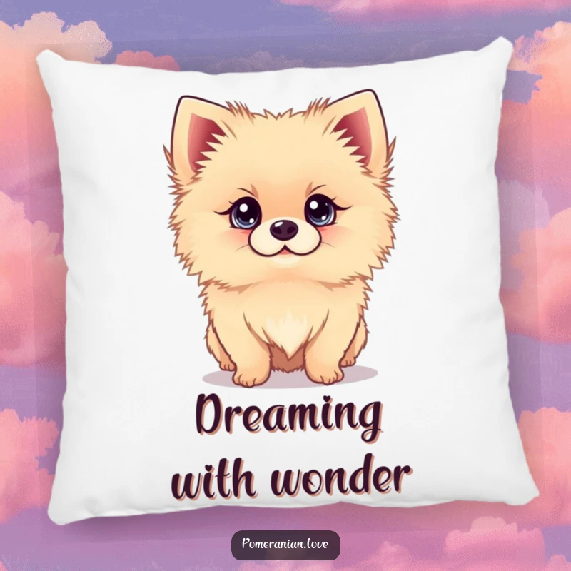 Funny pillow with a Pomeranian dog looking up with bright eyes, perfect for cozy, heartwarming decor.