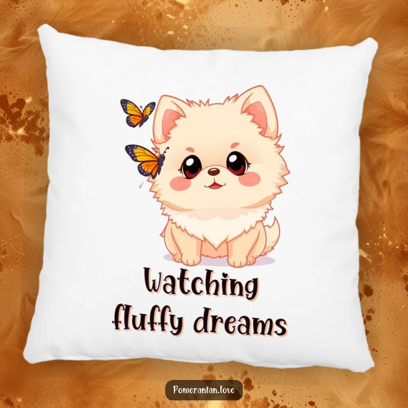 Funny Pomeranian pillow with a dog with wide eyes watching a butterfly. Offers a touch of wonder and cozy comfort.
