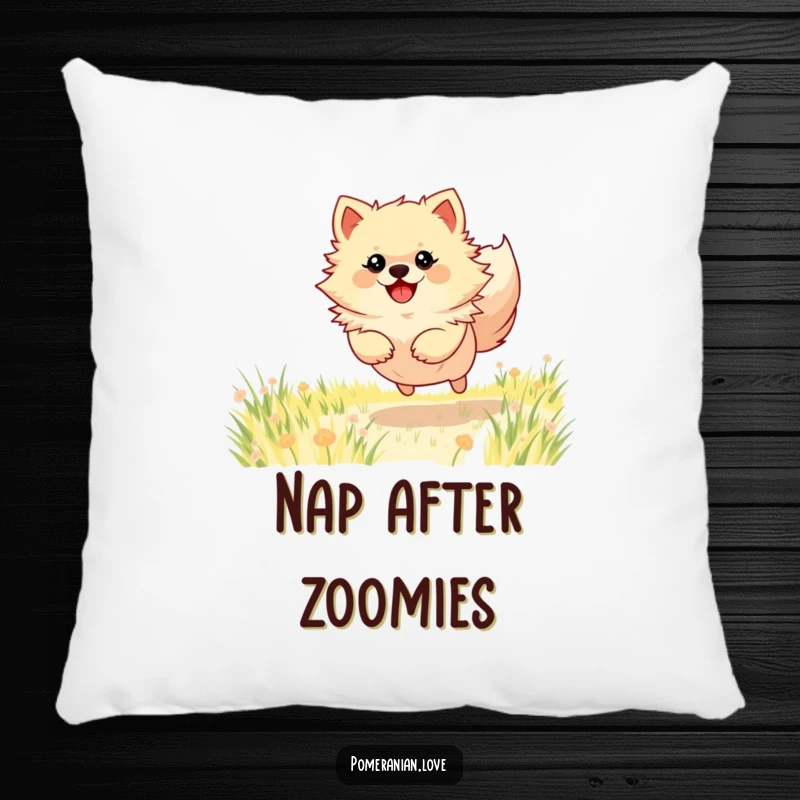Funny Pomeranian pillow showcasing a dog bursting with energy while playing in a field, adding comfort and humor.