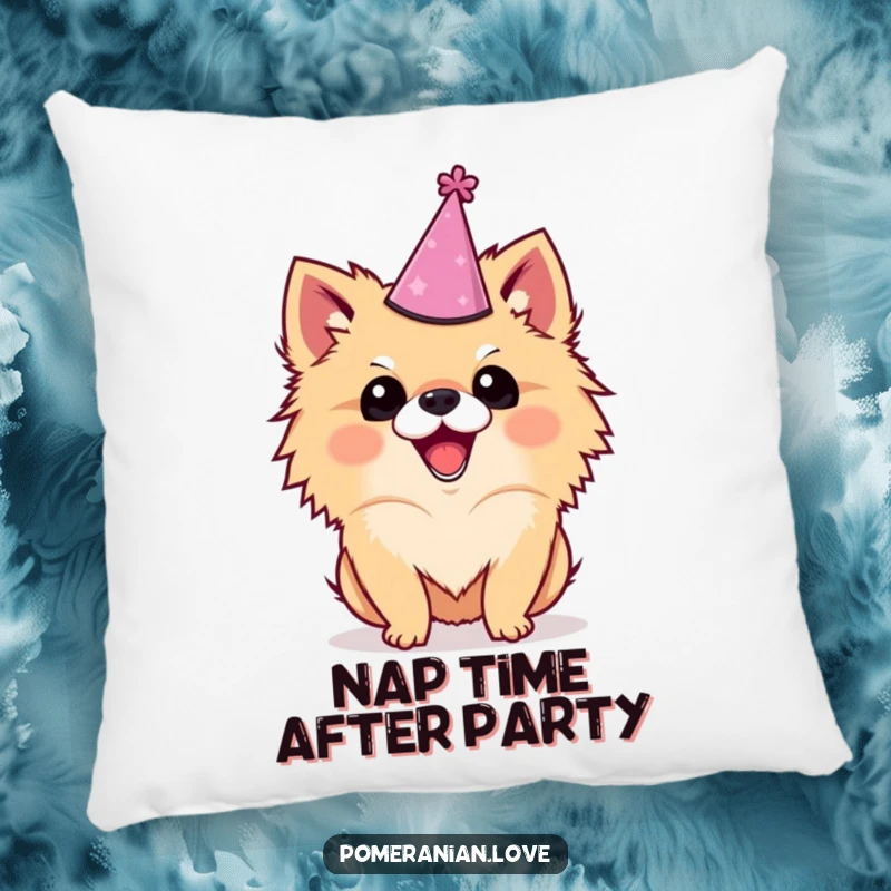 Funny Pomeranian pillow showing a happy dog in a party hat, perfect for adding a whimsical touch to home decor.