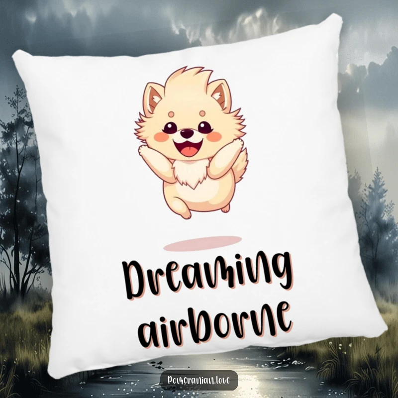 Funny Pomeranian pillow featuring a happy dog with a fluffy mane mid-spirited jump, offering soft comfort and joyful presence.