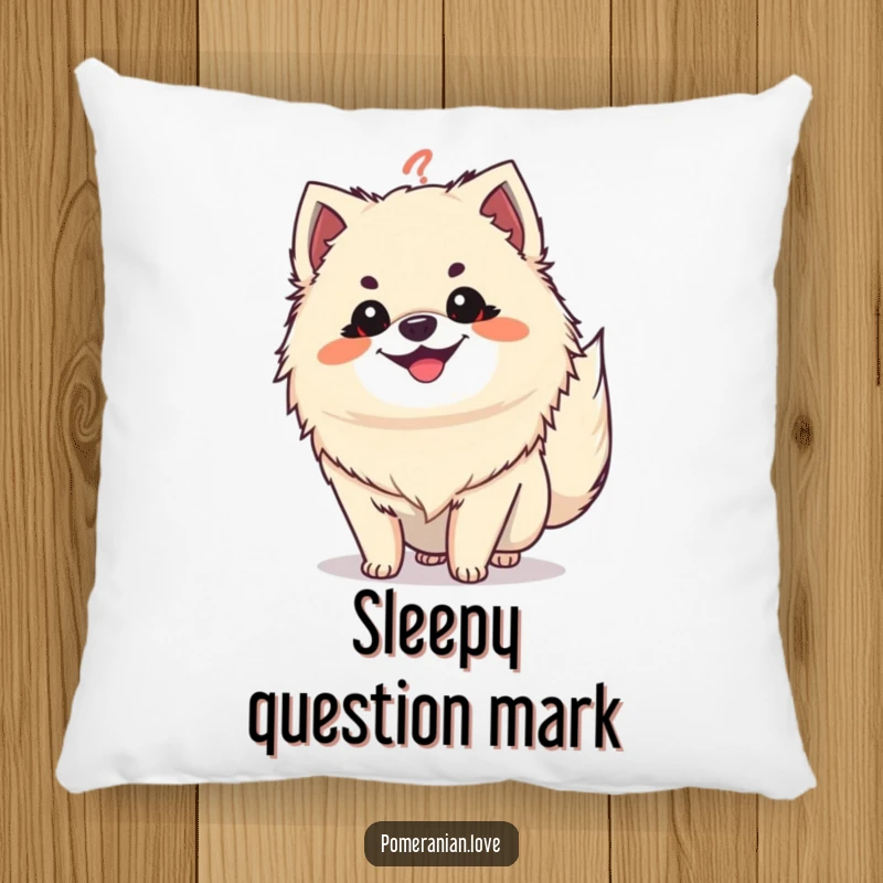Funny Pomeranian question tail pillow, a grinning dog with tail like a question mark, a cozy and humorous accent.