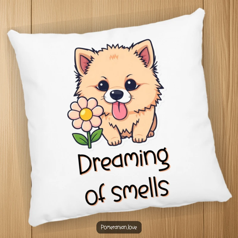 Funny Pomeranian pillow, a curious dog sniffing a flower, soft and humorous home decor item.