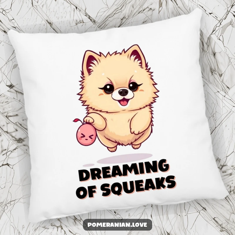 Funny pillow with a determined Pomeranian leaping for a tiny squeaky toy, bringing playful energy to your decor.