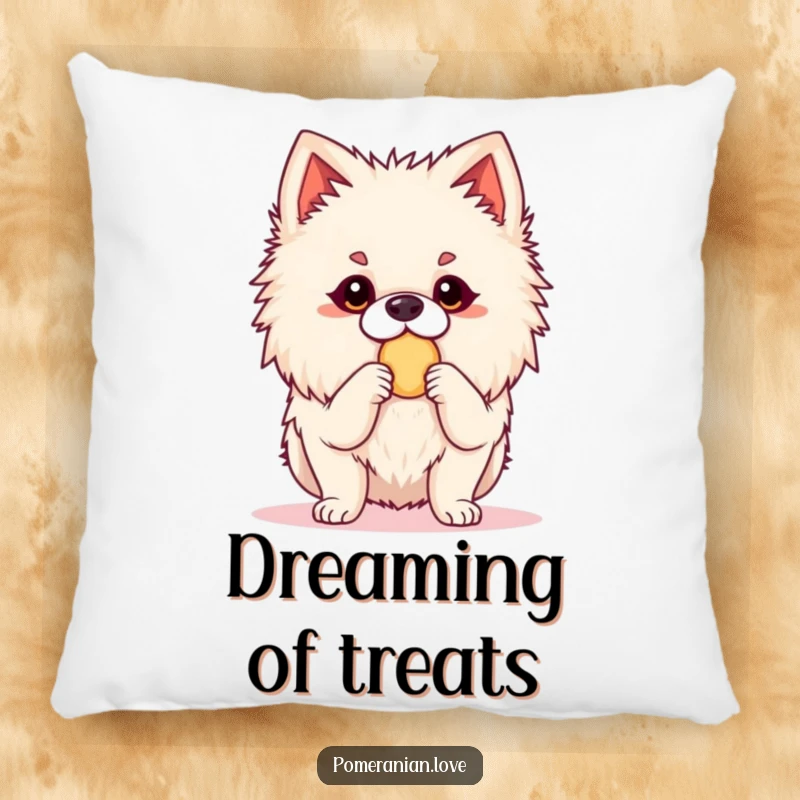 Funny Pomeranian pillow with an alert dog in a ready stance for a treat. Offers a touch of eagerness and cozy comfort.