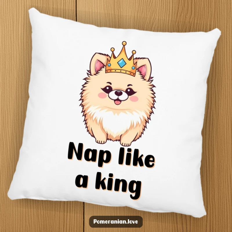 Funny Pomeranian pillow, a fluffy dog wearing a tiny crown, presented in a regal yet happy pose, ideal for cozying up.