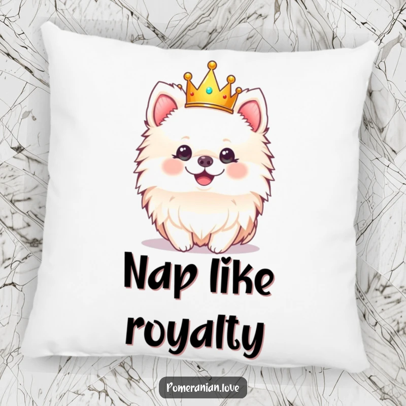 Funny pillow with a cheerful Pomeranian dog wearing a crown, designed for cozy, regal charm.