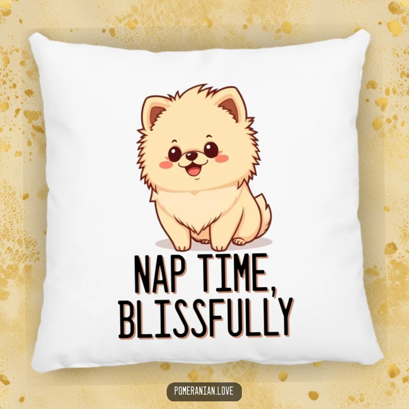 Funny happy Pomeranian pillow, fluffy mane, smiling dog, comfortable cushion, cute home decor.