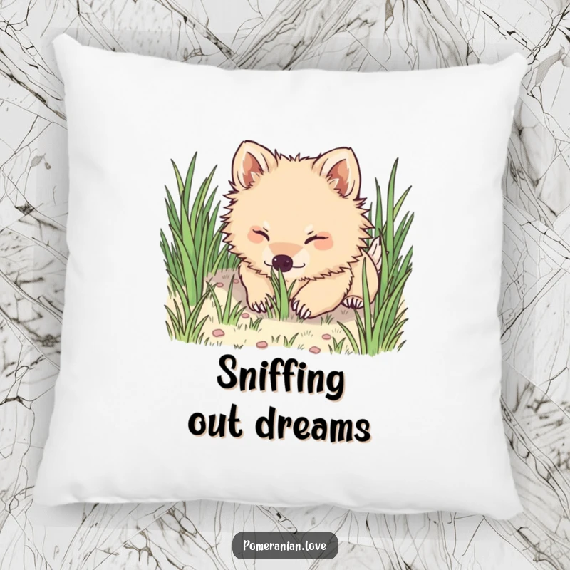 Funny Pomeranian pillow, a fluffy dog's nose playfully buried in soft grass, symbolizing comfort and lighthearted fun.