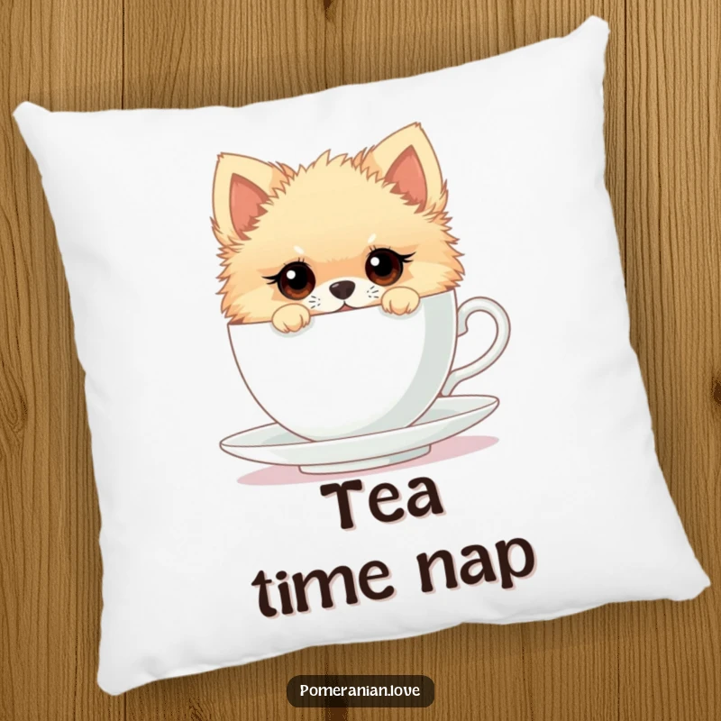 Funny pillow showcasing a Pomeranian with curious eyes peeking from a teacup, providing comfort and a whimsical, humorous accent.