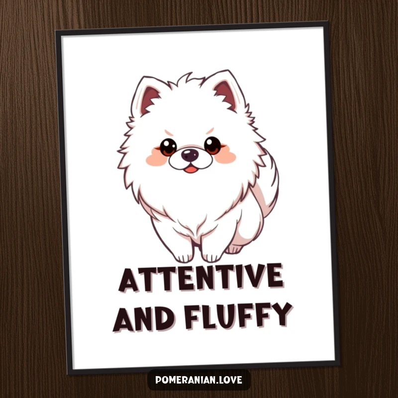 Funny Pomeranian dog with tail curled alertly, available as digital art for instant, watchful wall decor.