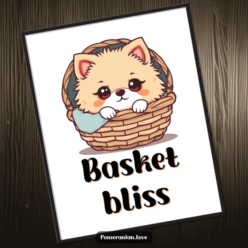 Funny Pomeranian Digital Art Print: A Pomeranian with wide, expressive eyes peeking out from a cozy basket, capturing innocent sweetness and cozy comfort.