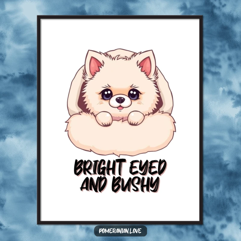 Funny Pomeranian digital art print, a fluffy dog peeking from a cozy bed, with wide, curious eyes, full of charm.