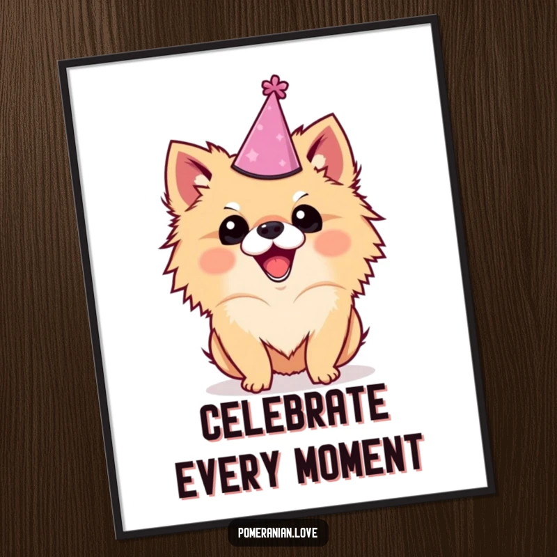 Funny Pomeranian digital art print of a dog wearing a party hat and wagging its tail, radiating pure excitement and happiness.