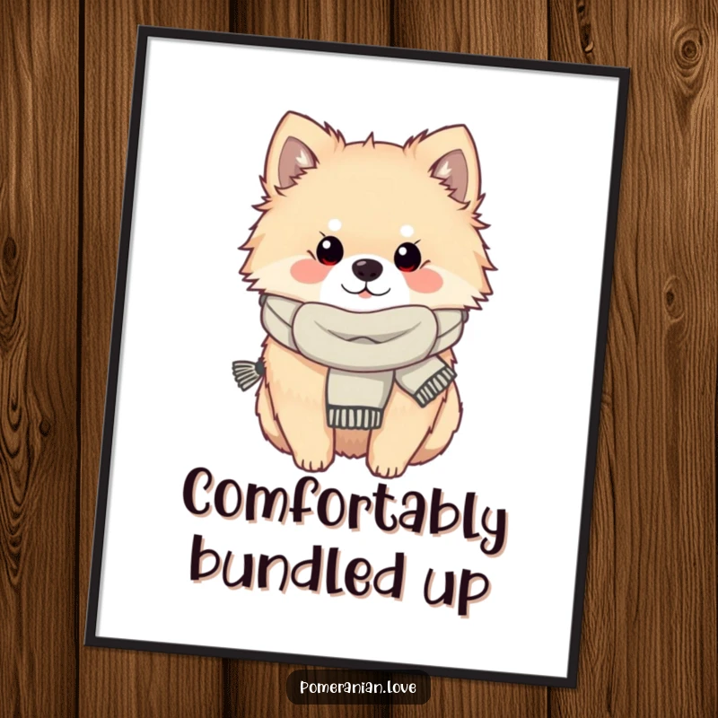 Funny Pomeranian dog wearing a scarf, looking cozy, available as digital art for instant, charming wall decor.