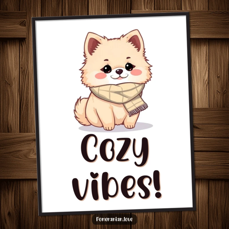 Funny cozy Pomeranian digital art print, a cute dog illustration wearing a scarf, ideal funny decor.