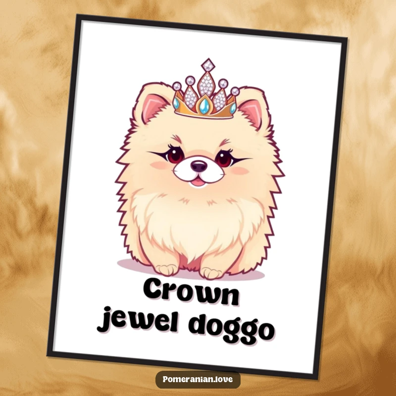 Funny Pomeranian Digital Art Print: A downloadable artwork of a fluffy Pomeranian wearing a sparkly tiara, adding regal and humorous charm.