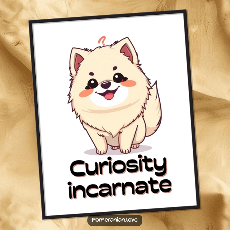 Funny Pomeranian question tail digital art print, a grinning dog with tail like a question mark, bringing humor.