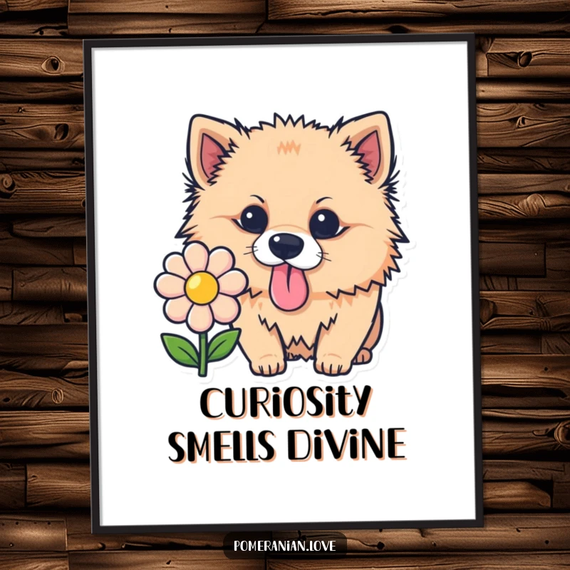 Funny Pomeranian digital art, a curious dog with tongue out sniffing a flower, instant download with humorous appeal.