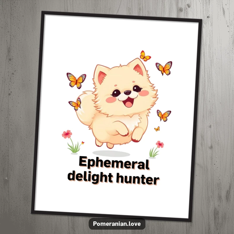 Funny Pomeranian digital art print of a dog joyfully chasing butterflies, symbolizing delight and carefree happiness.