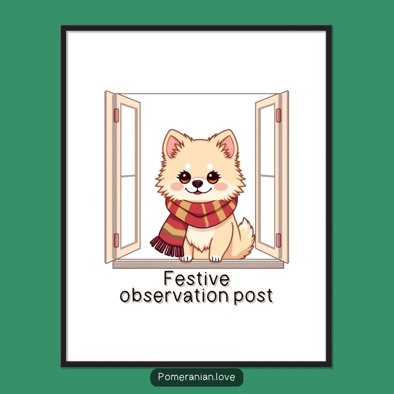 Funny Festive Pomeranian Digital Art Print: Holiday Window Cheer!