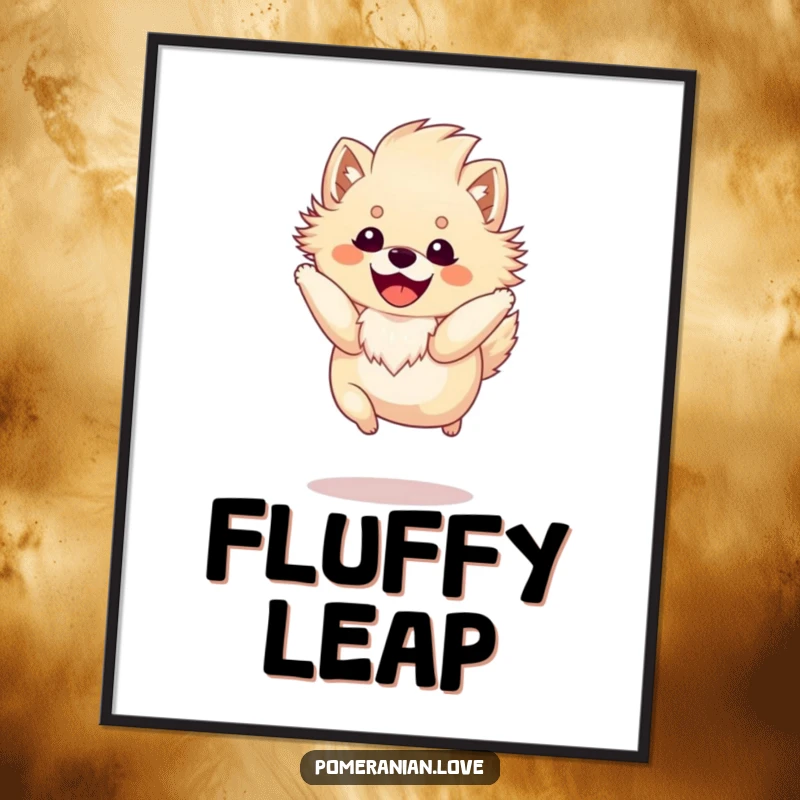 Funny Pomeranian digital art print of a happy dog with a fluffy mane mid-spirited jump, radiating joyful energy instantly.