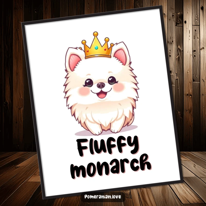 Funny digital art print of a cheerful Pomeranian dog wearing a tiny crown, perfect for royal decor.