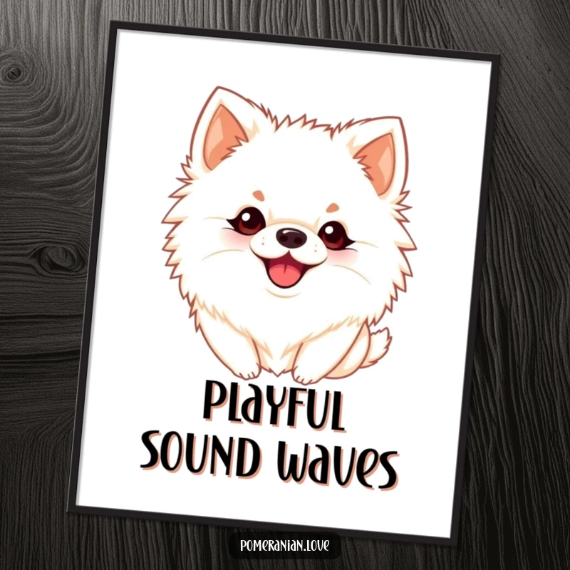 Funny Pomeranian digital art print of a dog with perky ears barking playfully, symbolizing cheerful communication and playful energy.