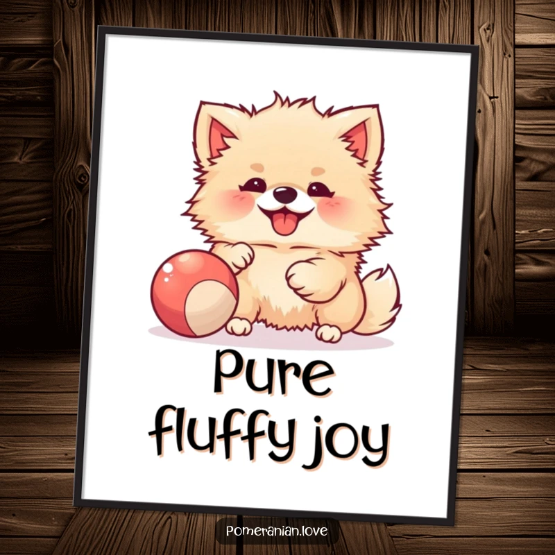 Funny digital art print of a joyful Pomeranian playing with a bouncy ball, bringing instant happiness and humor.