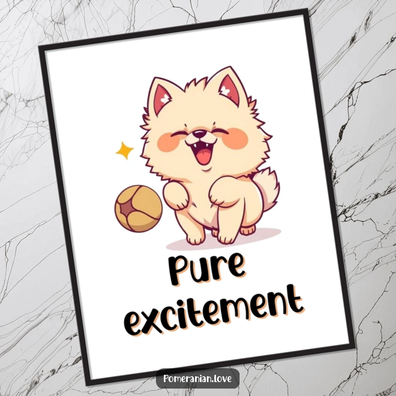 Funny Pomeranian dog character captured mid-bark, intensely focused on a bouncing ball, radiating playful energy in this digital art.