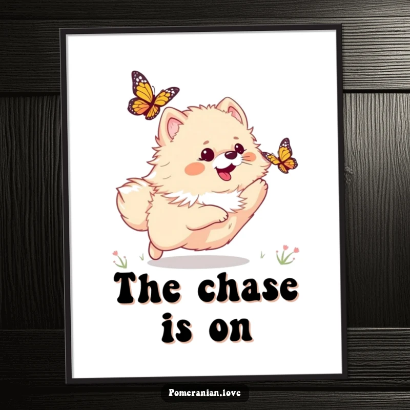 Funny digital art print of a playful Pomeranian dog joyfully chasing a colorful butterfly, capturing pure animated fun.
