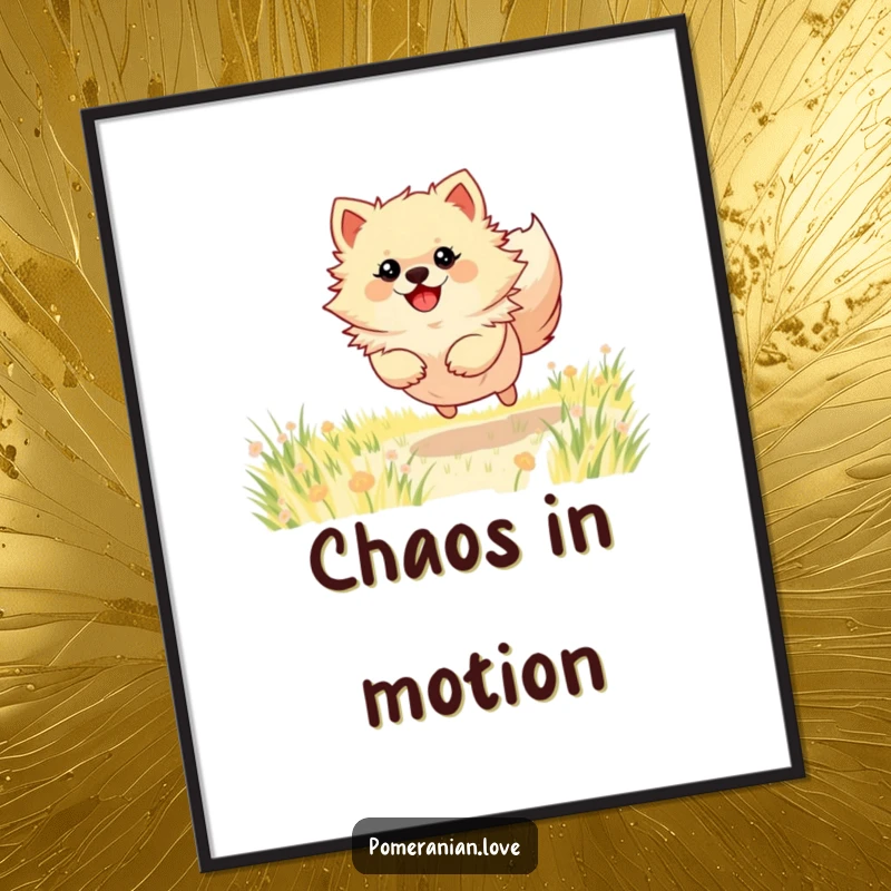 Funny Pomeranian digital art print of a dog bounding energetically through a field, radiating happiness and vibrant spirit.