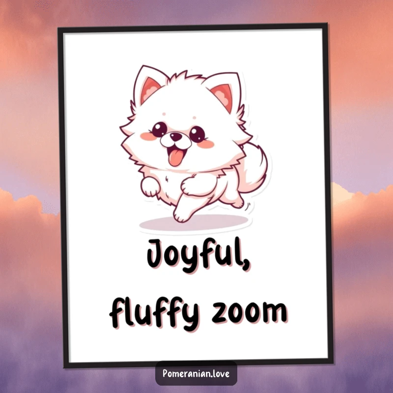 Funny Digital Art Print: A fluffy Pomeranian character running with its tongue out, radiating pure doggy happiness.