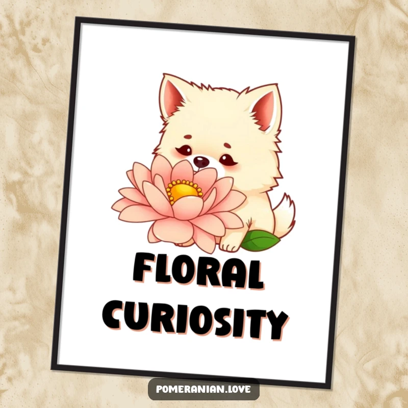 Funny digital art print of a curious Pomeranian sniffing a giant flower, adding instant floral charm and humor.