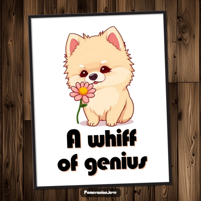 Funny Pomeranian dog with curious head tilt sniffing a vibrant flower as a digital art print.