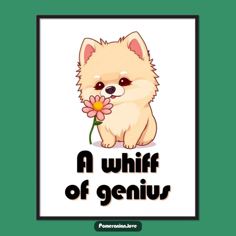 Funny Pomeranian Flower Sniff Digital Art: Charming Curious Dog Print, Ideal Funny Gift