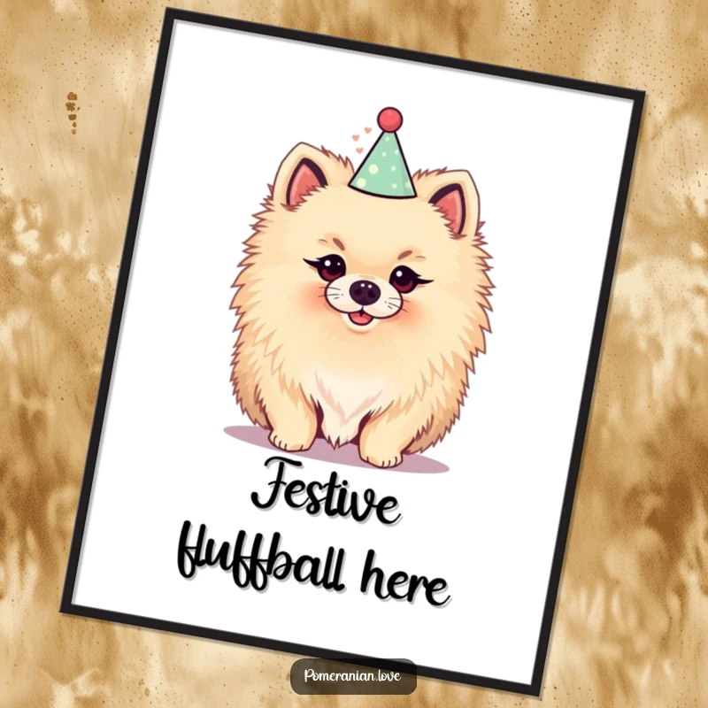 Funny digital art print of a fluffy Pomeranian wearing a party hat, perfect for instant festive decor and bringing humorous cheer.