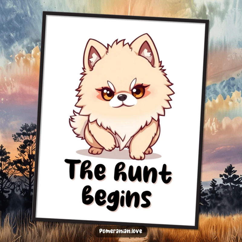 Funny Pomeranian dog character with a determined, focused gaze, poised to pounce, exuding intensity in this digital art.